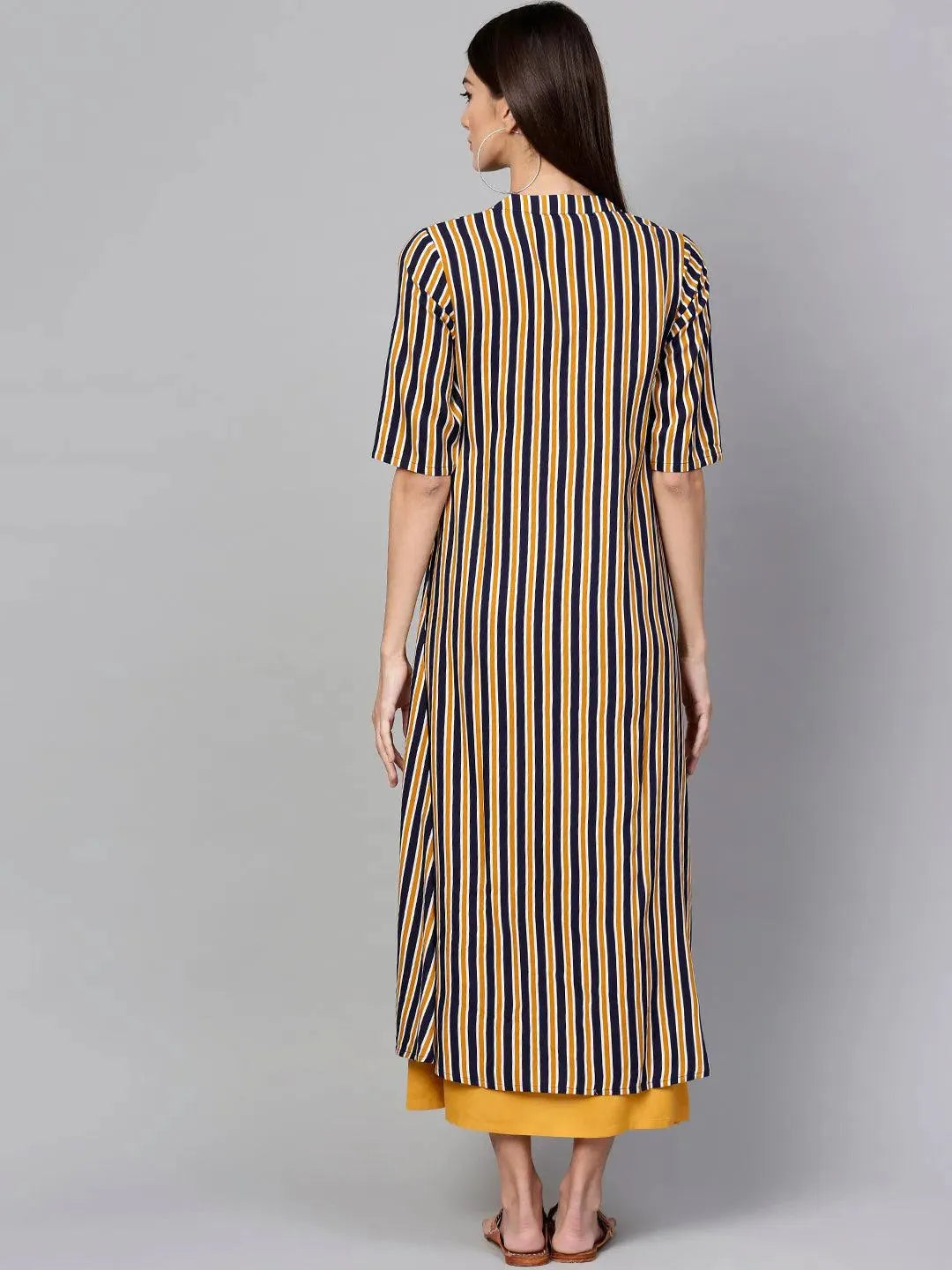 Anouk Yellow Striped Rayon Dress With Jacket