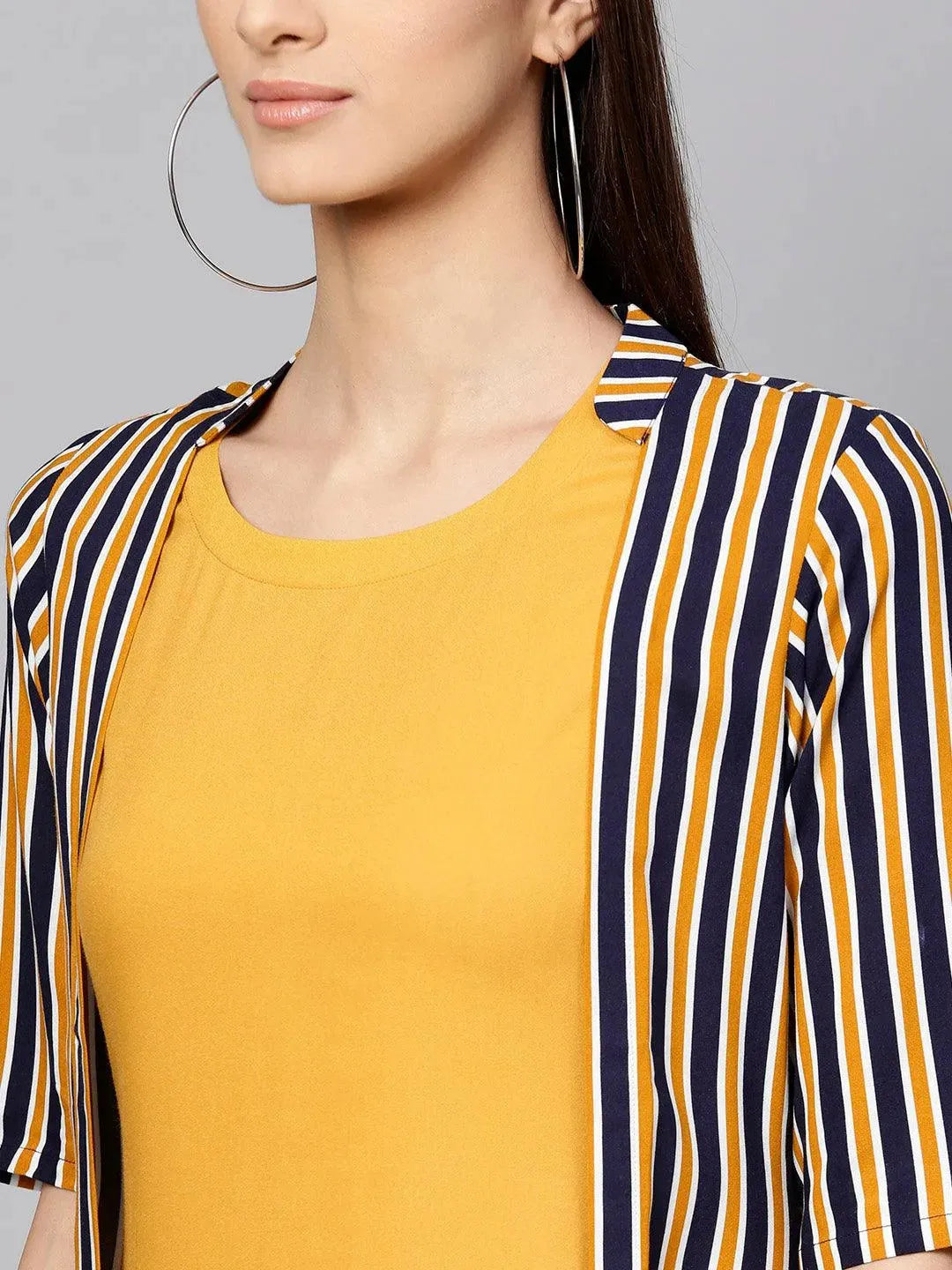 Anouk Yellow Striped Rayon Dress With Jacket