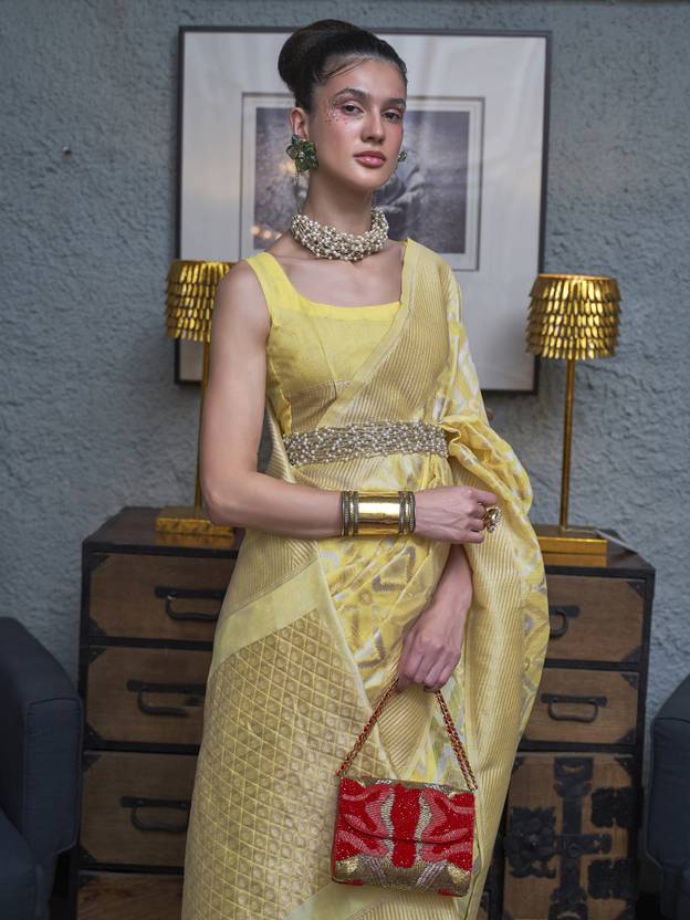 Yellow Traditional Linen Banarasi Saree with Unstitched Blouse Piece