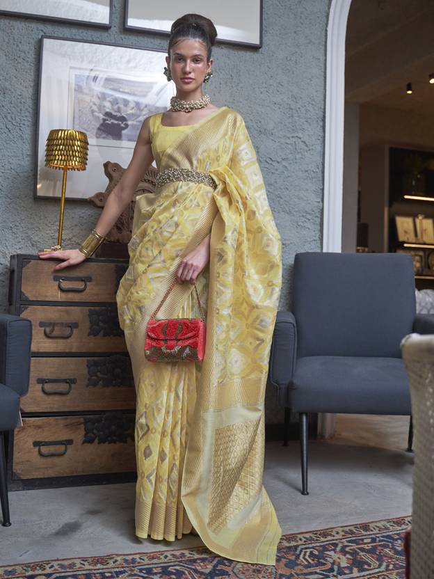 Yellow Traditional Linen Banarasi Saree with Unstitched Blouse Piece