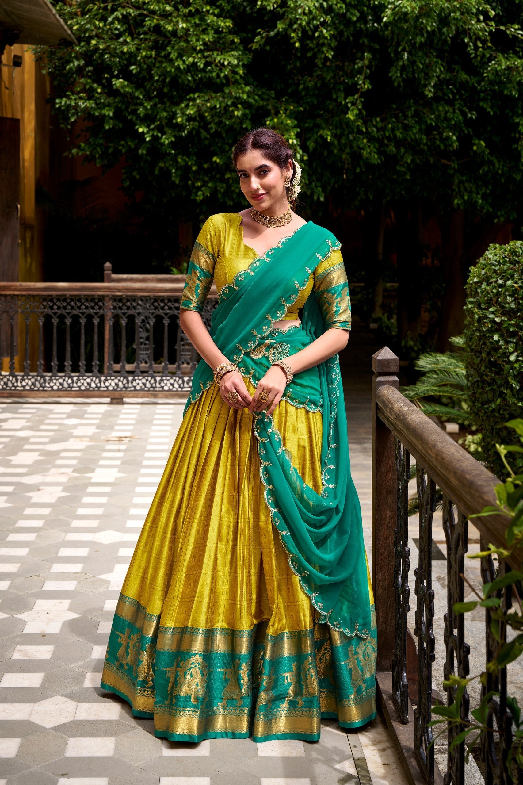 Yellow Traditional Poly Cotton Lehenga with Zari Weaving Work & Georgette Embroidered Dupatta – Stitched Lehenga with Unstitched Blouse