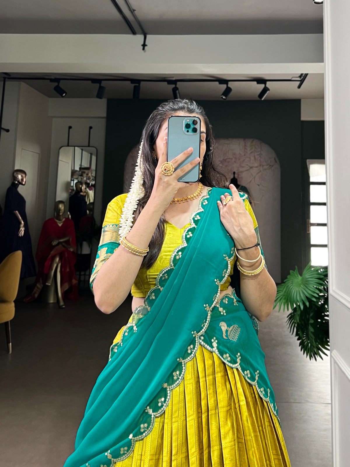 Yellow Traditional Poly Cotton Lehenga with Zari Weaving Work & Georgette Embroidered Dupatta – Stitched Lehenga with Unstitched Blouse