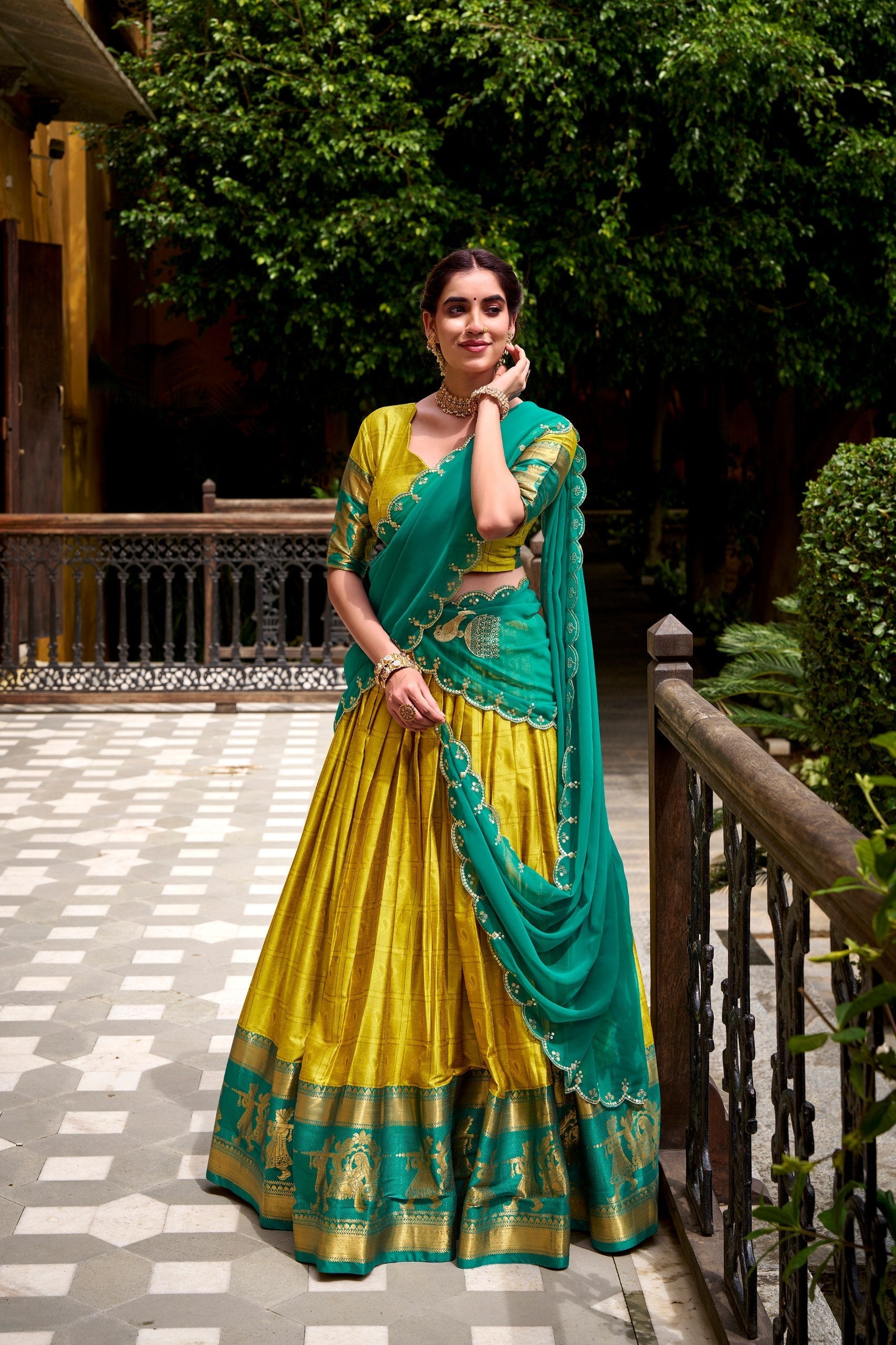 Yellow Traditional Poly Cotton Lehenga with Zari Weaving Work & Georgette Embroidered Dupatta – Stitched Lehenga with Unstitched Blouse