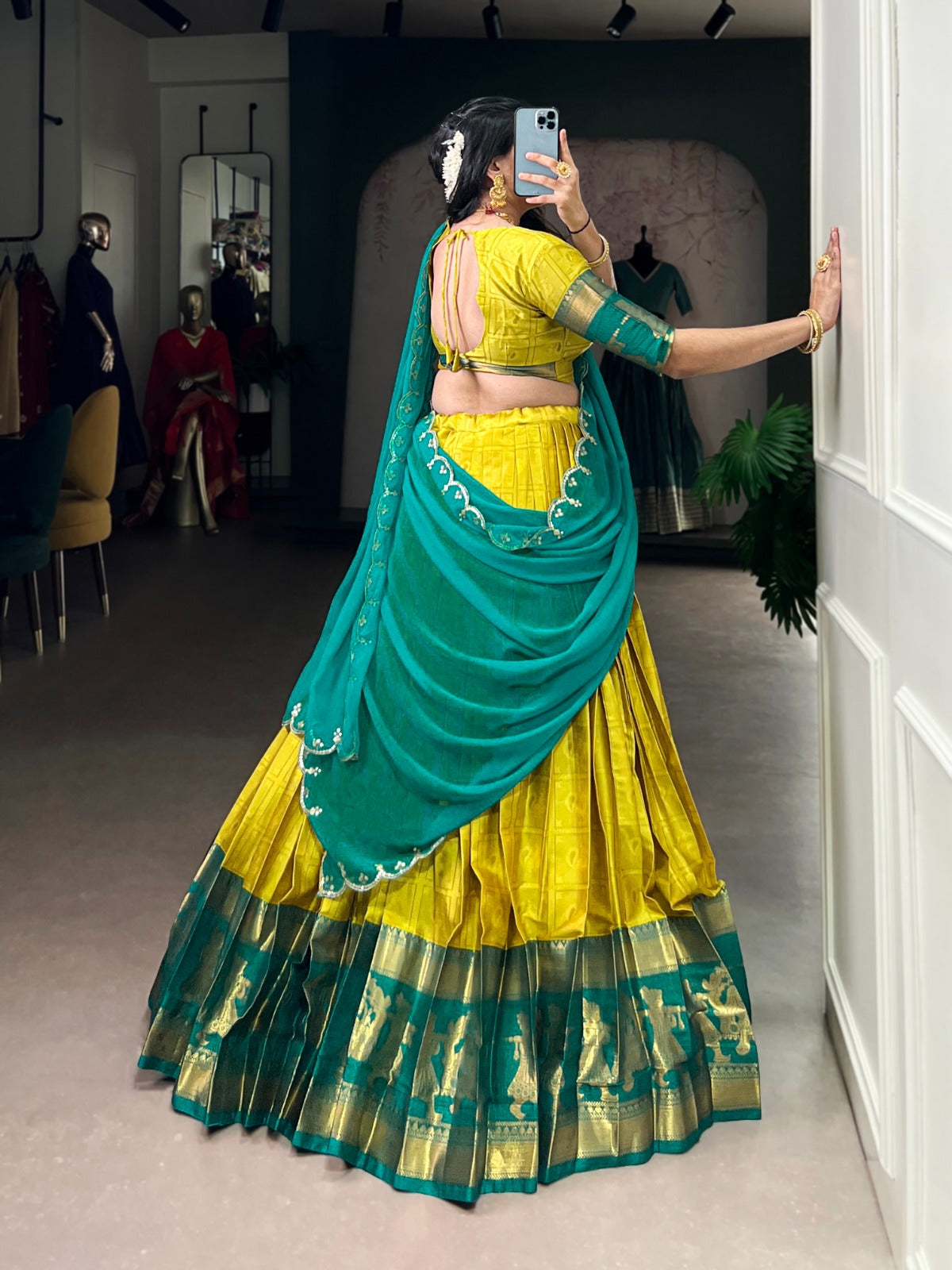 Yellow Traditional Poly Cotton Lehenga with Zari Weaving Work & Georgette Embroidered Dupatta – Stitched Lehenga with Unstitched Blouse