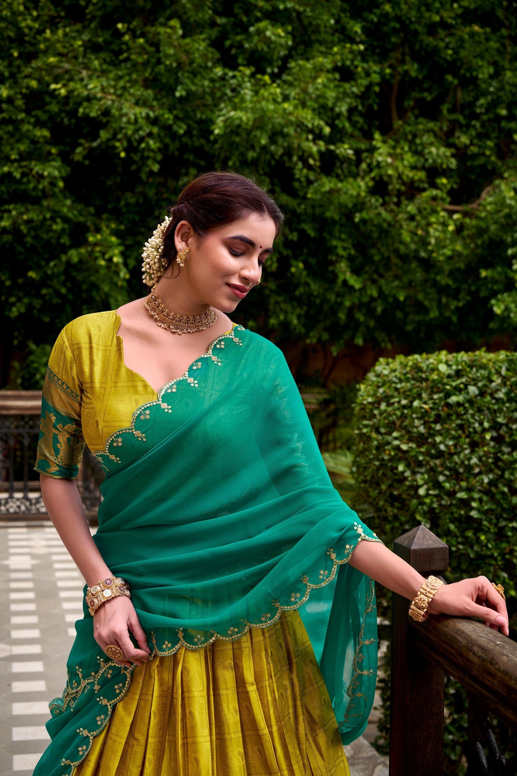 Yellow Traditional Poly Cotton Lehenga with Zari Weaving Work & Georgette Embroidered Dupatta – Stitched Lehenga with Unstitched Blouse