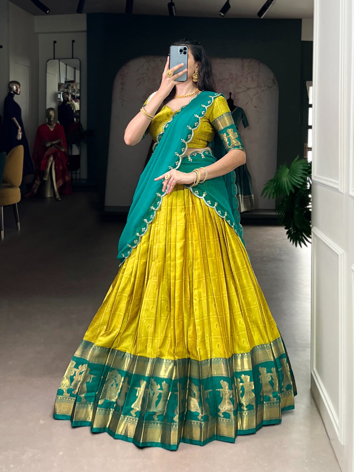 Yellow Traditional Poly Cotton Lehenga with Zari Weaving Work & Georgette Embroidered Dupatta – Stitched Lehenga with Unstitched Blouse
