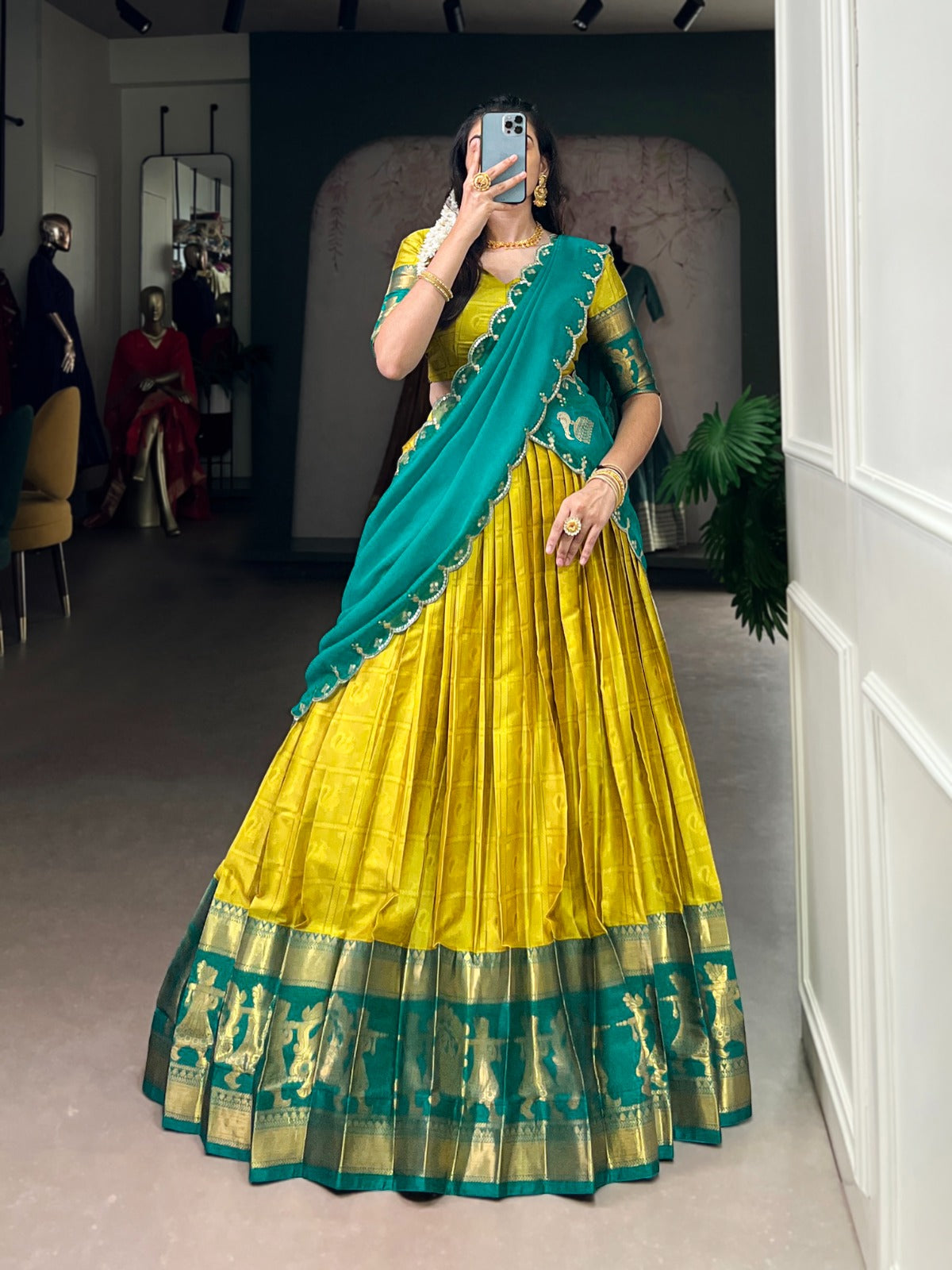 Yellow Traditional Poly Cotton Lehenga with Zari Weaving Work & Georgette Embroidered Dupatta – Stitched Lehenga with Unstitched Blouse