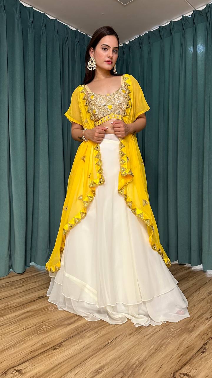 Yellow White Scorching Summer Georgette Lehenga Set with Real Mirror & Dori Work