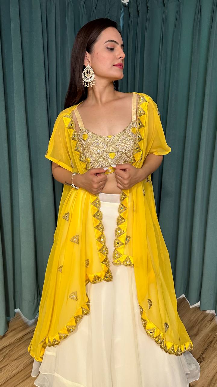 Yellow White Scorching Summer Georgette Lehenga Set with Real Mirror & Dori Work