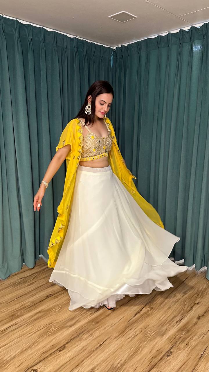 Yellow White Scorching Summer Georgette Lehenga Set with Real Mirror & Dori Work