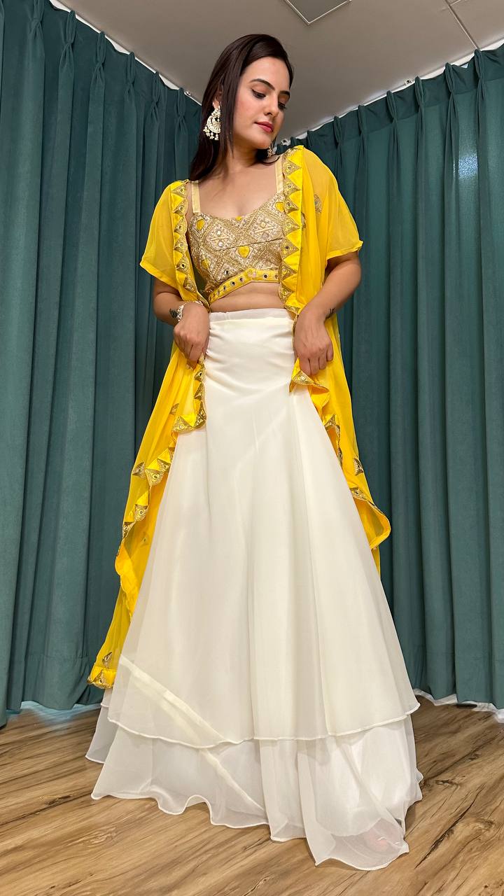 Yellow White Scorching Summer Georgette Lehenga Set with Real Mirror & Dori Work