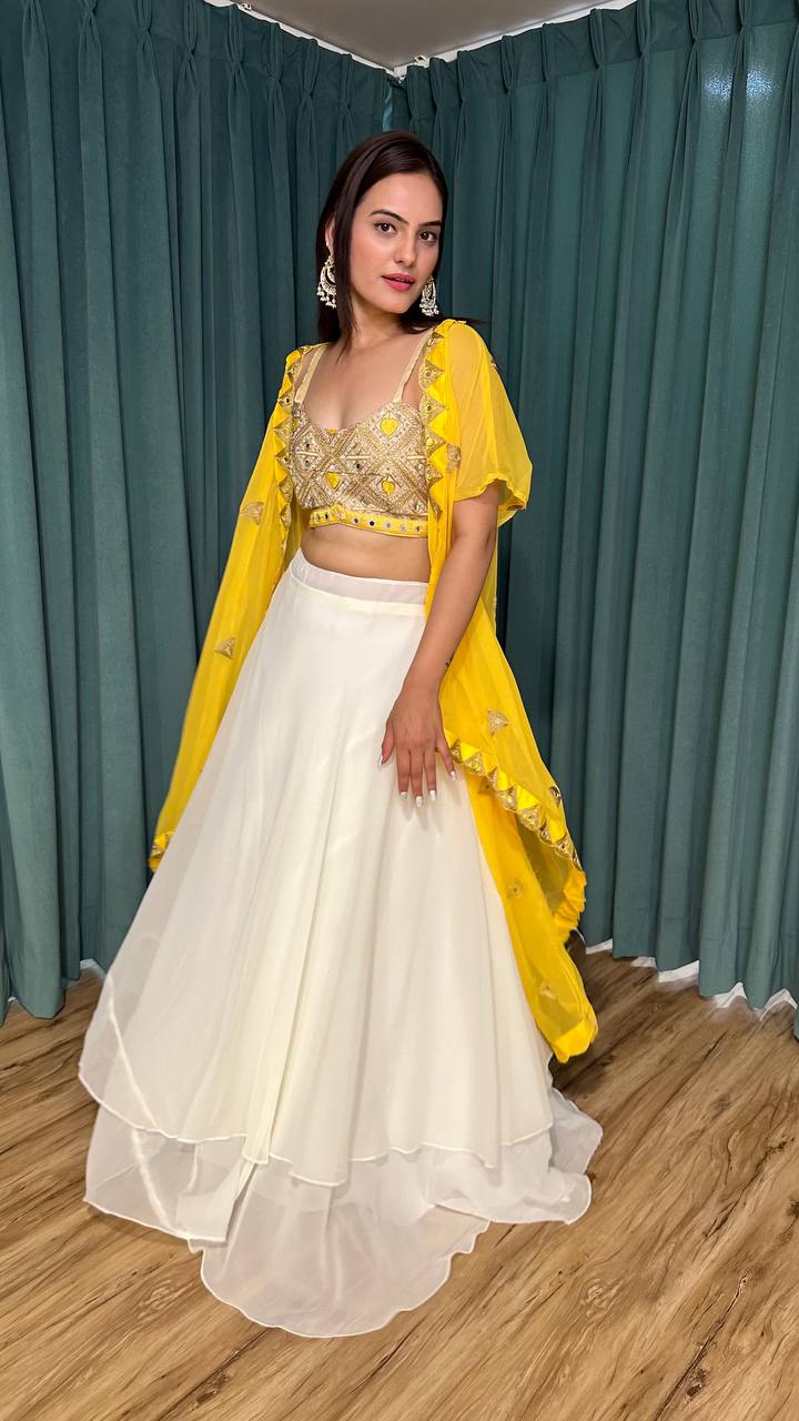 Yellow White Scorching Summer Georgette Lehenga Set with Real Mirror & Dori Work