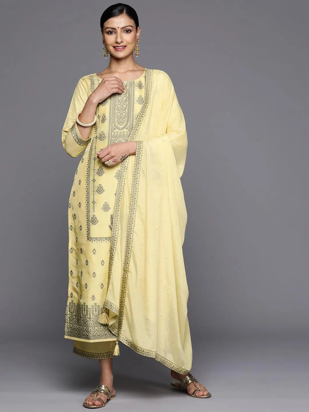 Anouk Yellow Woven Design Silk Blend Straight Kurta With Trousers & Dupatta