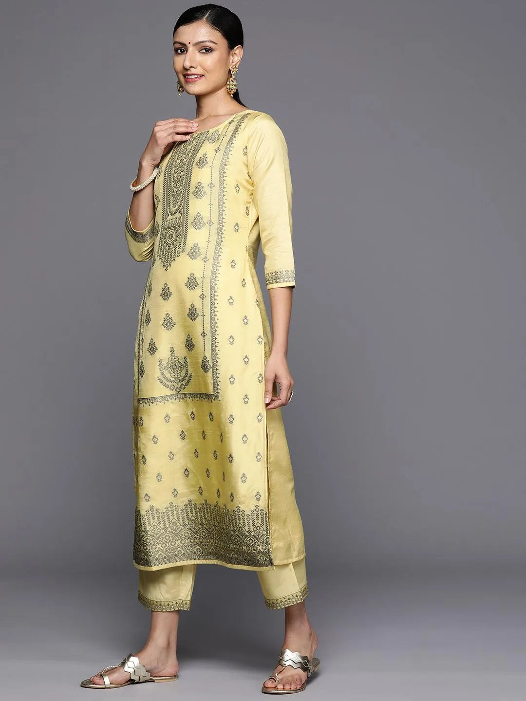 Anouk Yellow Woven Design Silk Blend Straight Kurta With Trousers & Dupatta