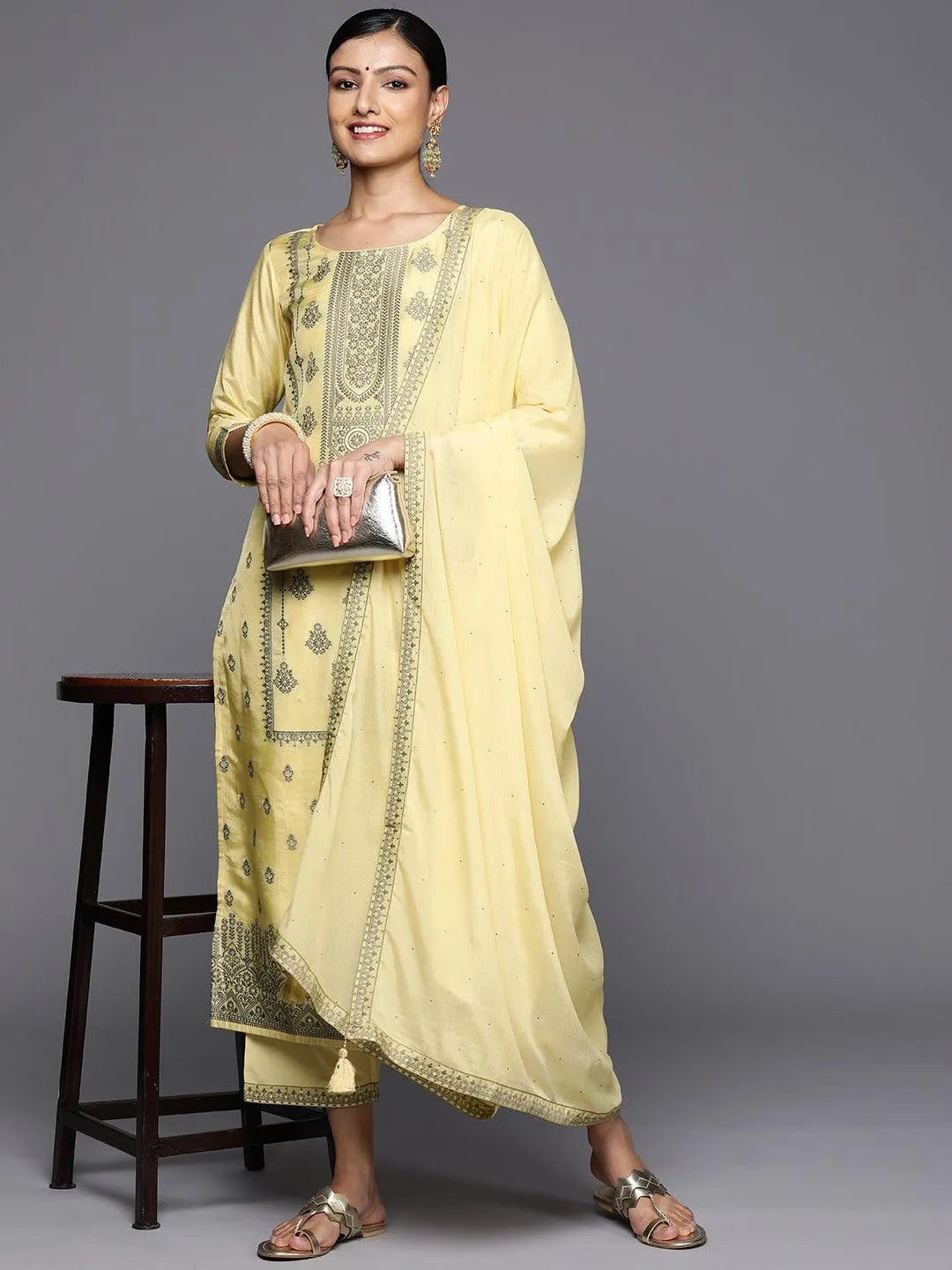 Anouk Yellow Woven Design Silk Blend Straight Kurta With Trousers & Dupatta