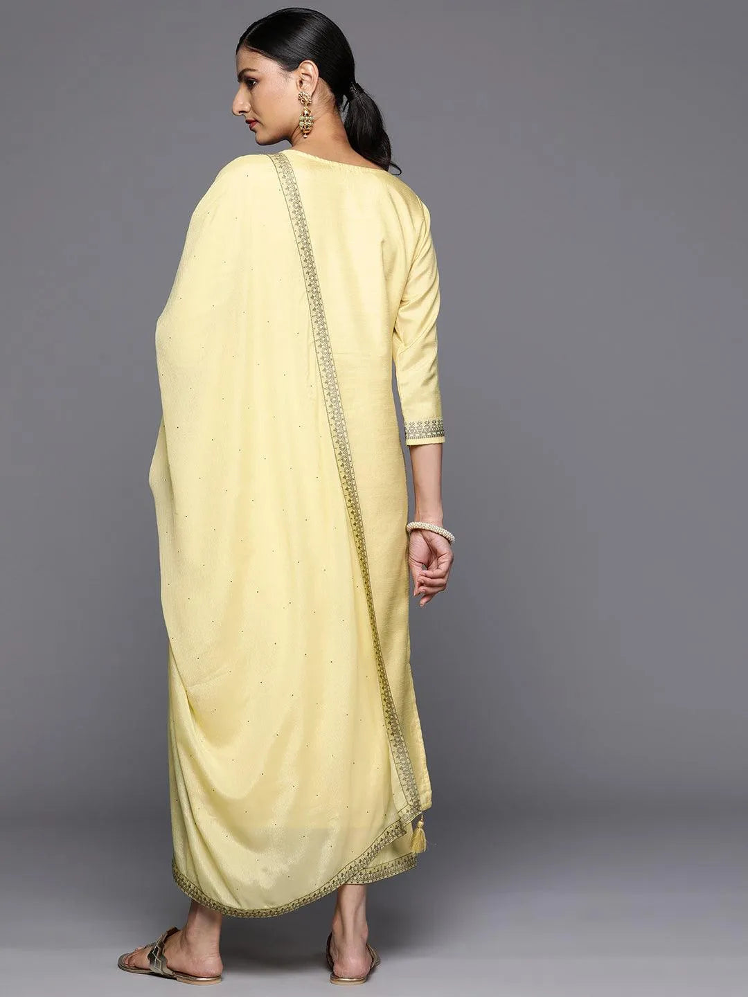 Anouk Yellow Woven Design Silk Blend Straight Kurta With Trousers & Dupatta