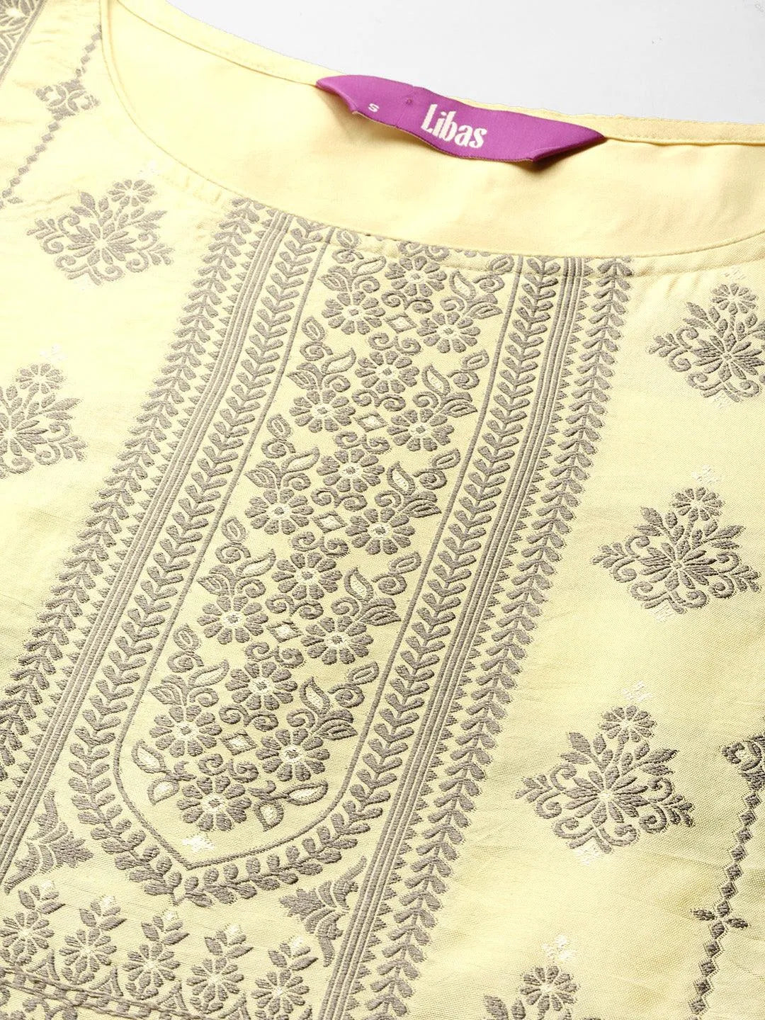 Anouk Yellow Woven Design Silk Blend Straight Kurta With Trousers & Dupatta