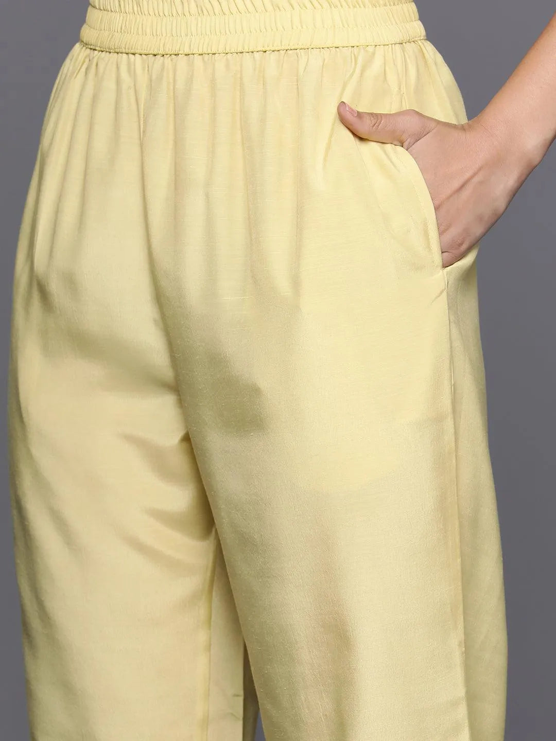 Anouk Yellow Woven Design Silk Blend Straight Kurta With Trousers & Dupatta