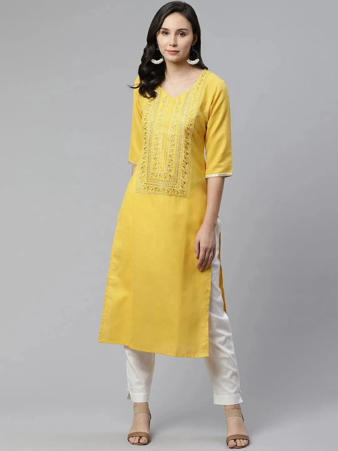 Anouk Yellow Yoke Design Cotton Kurta