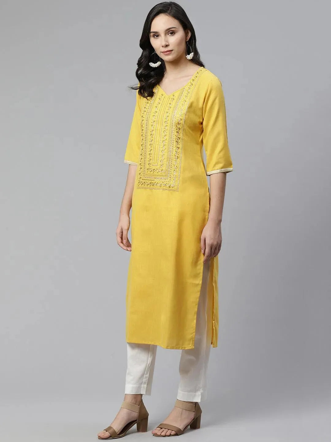 Anouk Yellow Yoke Design Cotton Kurta