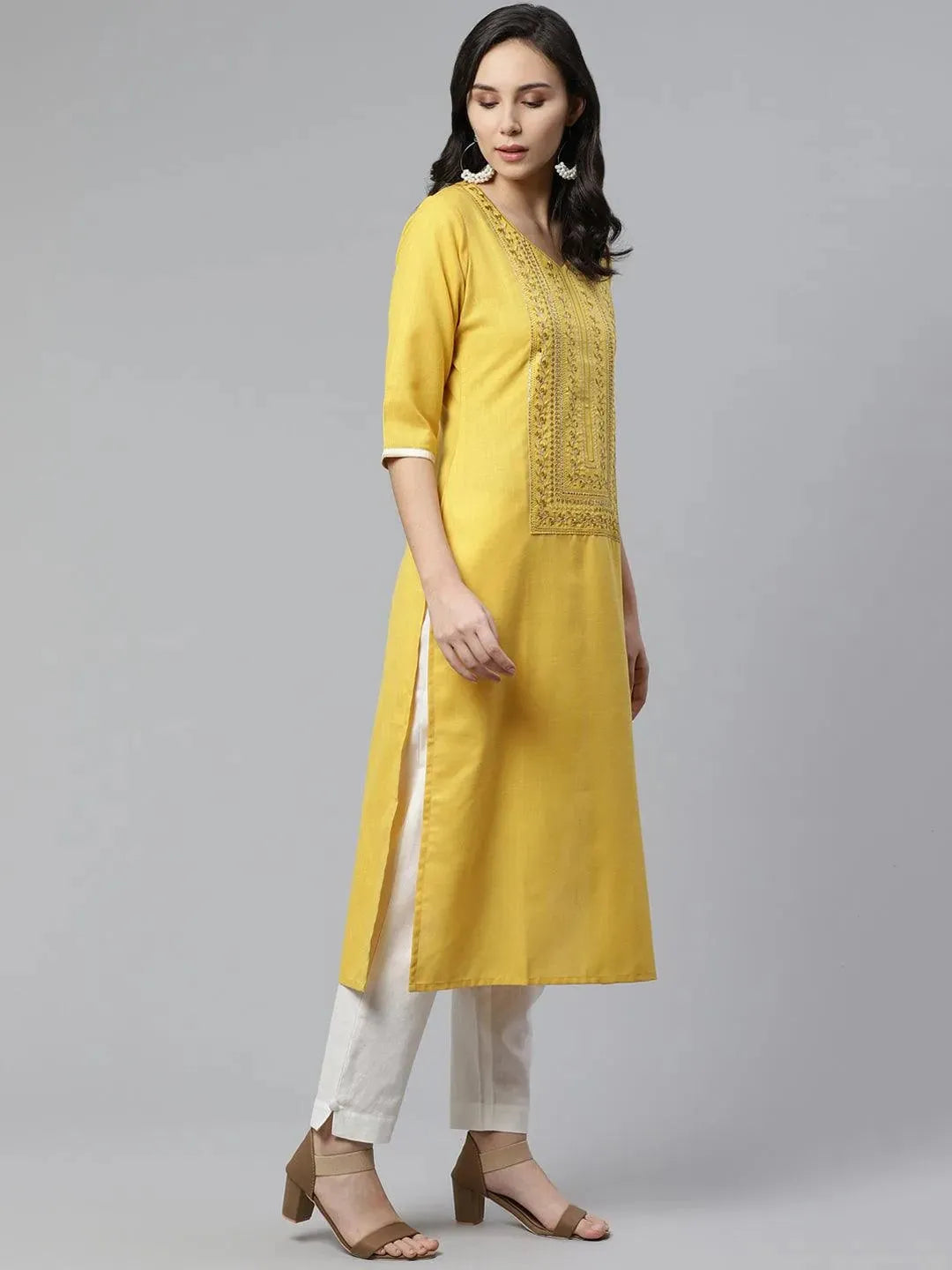 Anouk Yellow Yoke Design Cotton Kurta