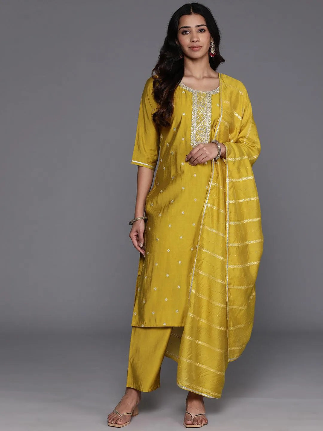Anouk Yellow Yoke Design Silk Blend Straight Suit With Dupatta