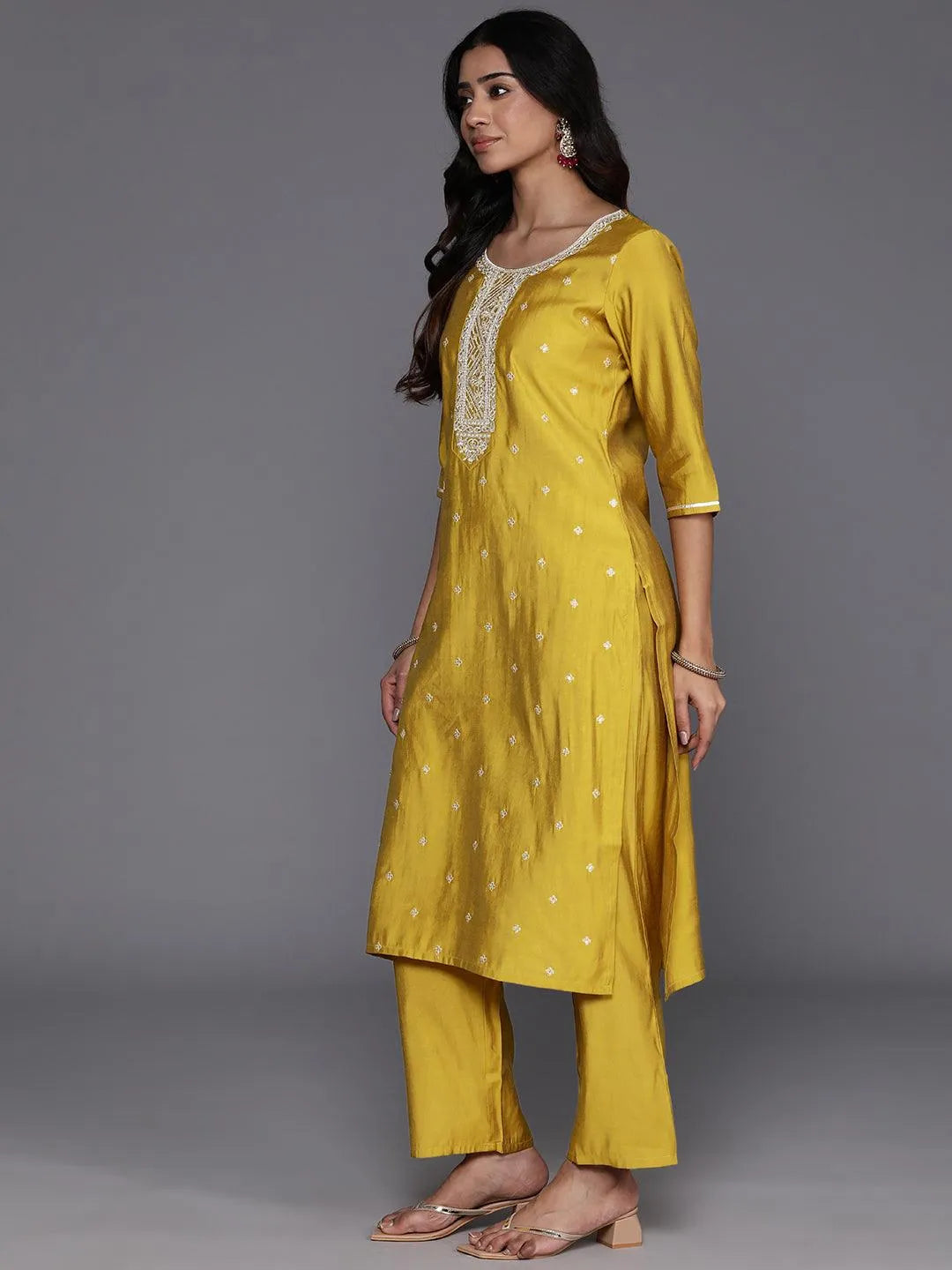 Anouk Yellow Yoke Design Silk Blend Straight Suit With Dupatta