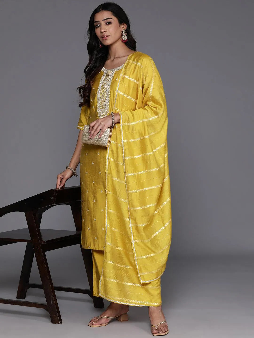 Anouk Yellow Yoke Design Silk Blend Straight Suit With Dupatta