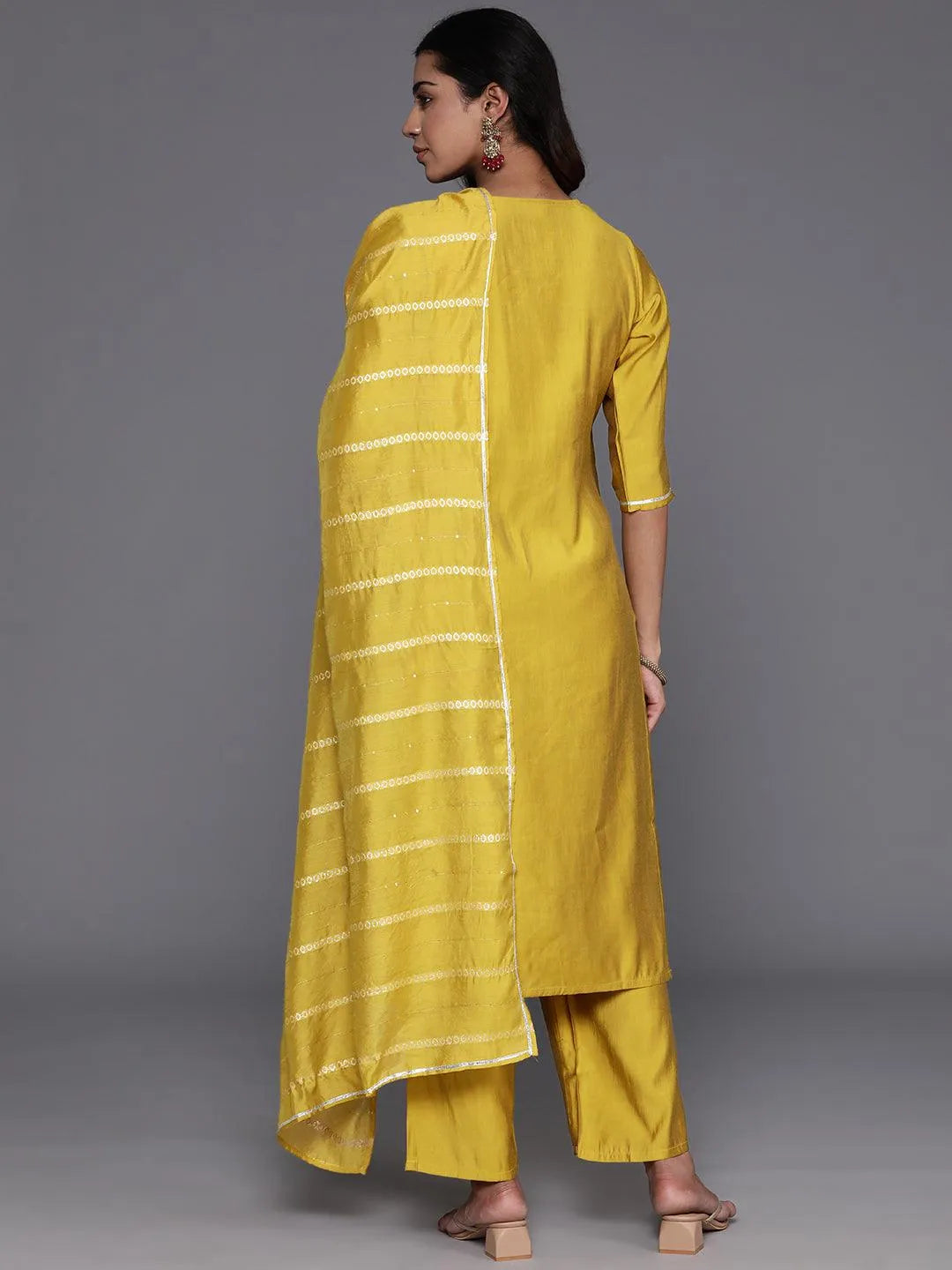 Anouk Yellow Yoke Design Silk Blend Straight Suit With Dupatta