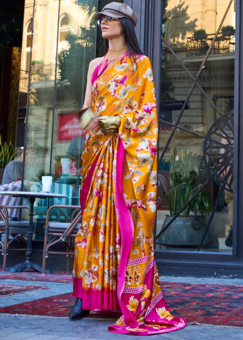 Zinnia Orange Elegant Satin Crepe Saree – A Perfect Blend of Luxury & Grace
