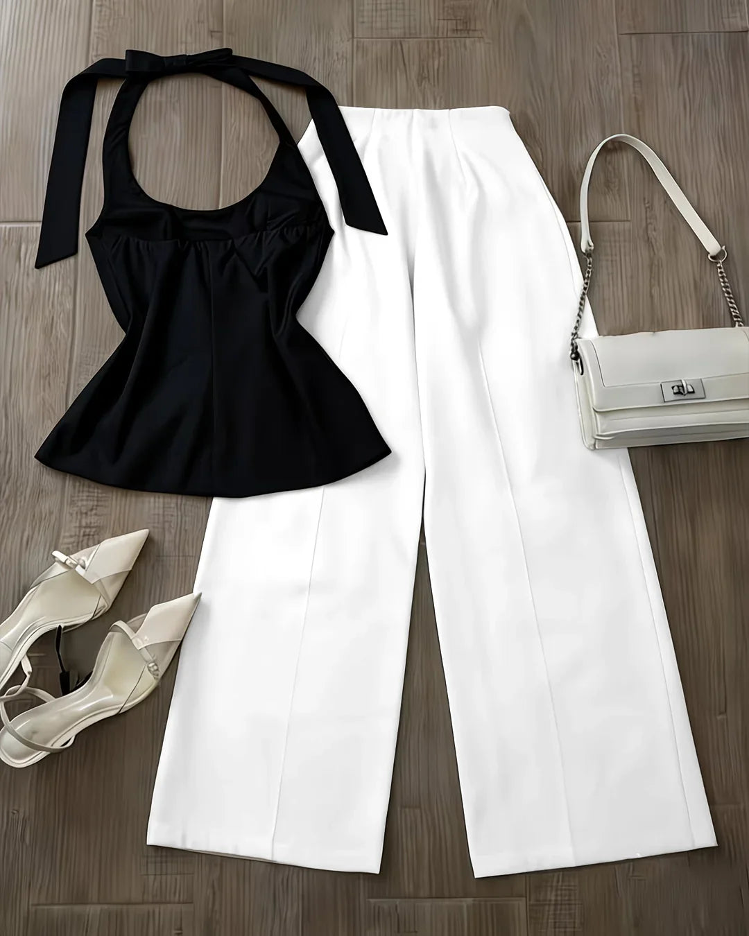 Halter Neck Top and Wide Leg Straight Pants Set in White and Black