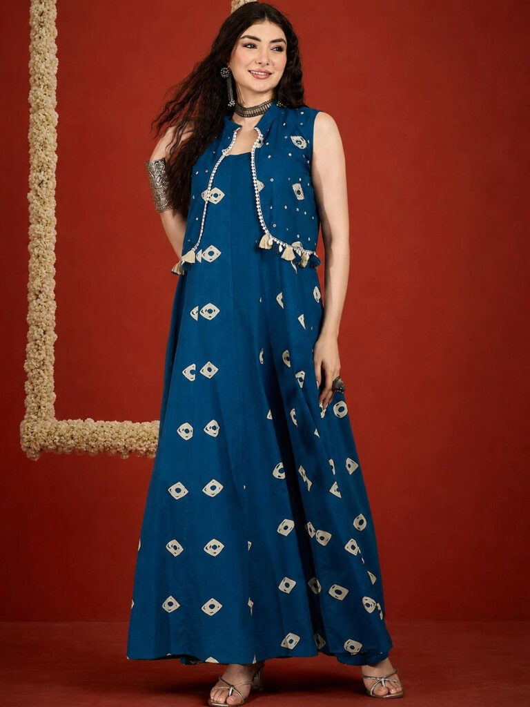Anouk Bandhej Printed Ethnic Dress With Crop Jacket