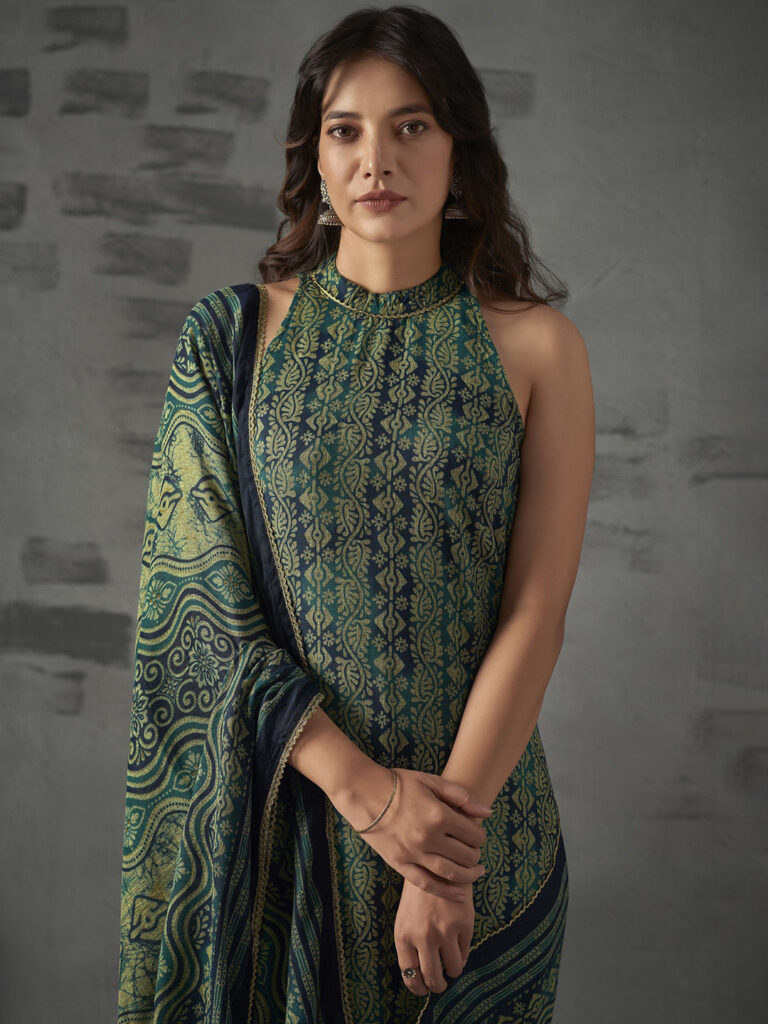 Anouk Blue Floral Printed Halter Neck Straight Kurta with Trousers & Dupatta