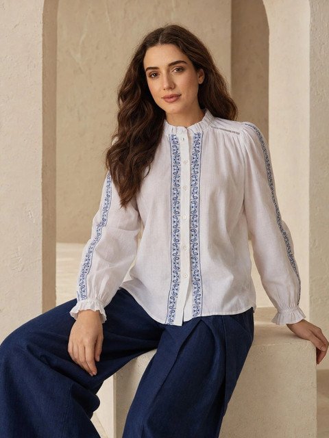 CLO Women Embroidered Button-Down Cotton Top