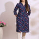 W Floral Printed Mandarin Collar Cotton Straight Kurta
